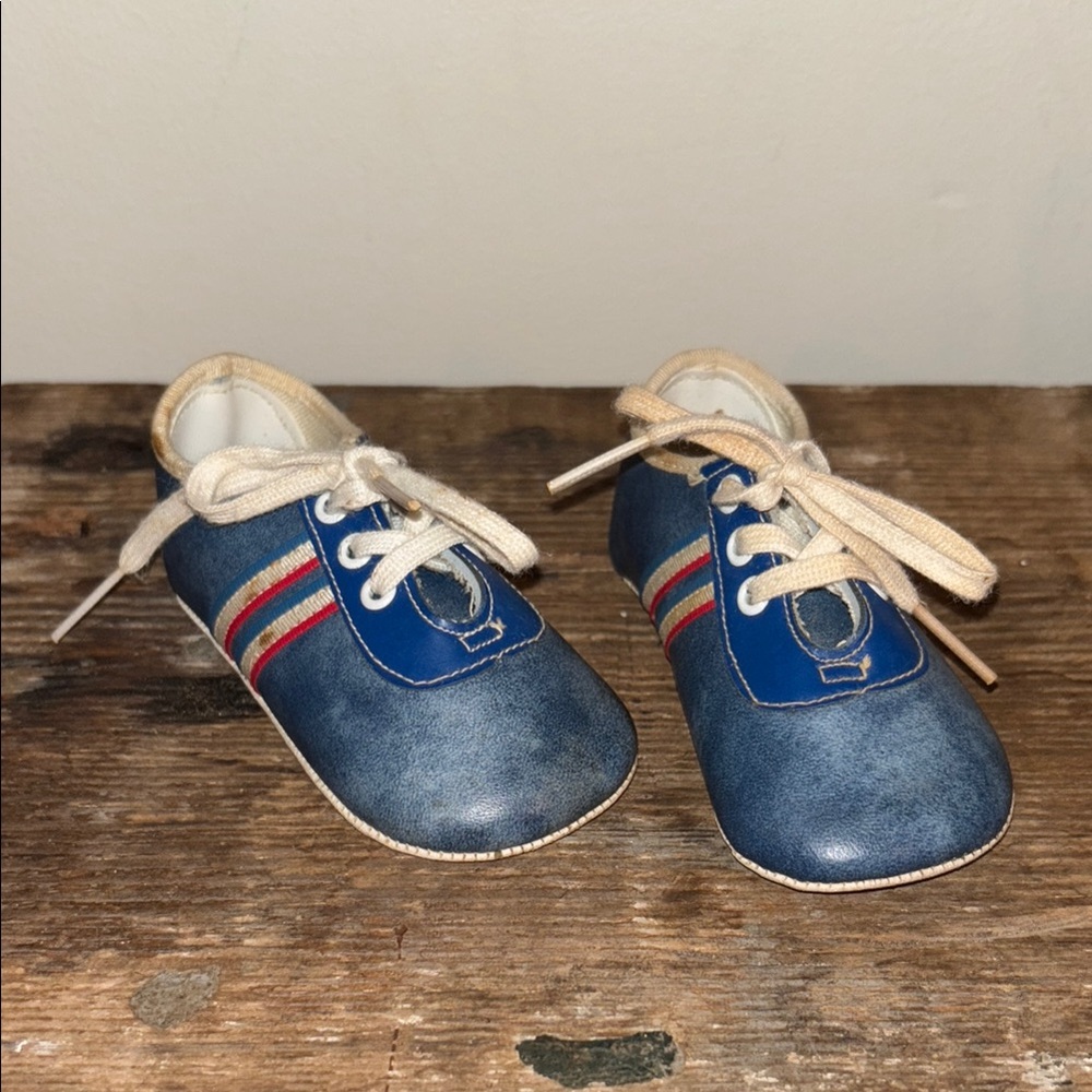 Vintage leather Blue Kids doll Shoes with red white blue Stripes